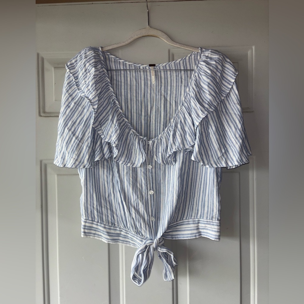Free People blue/white striped ruffle top size L